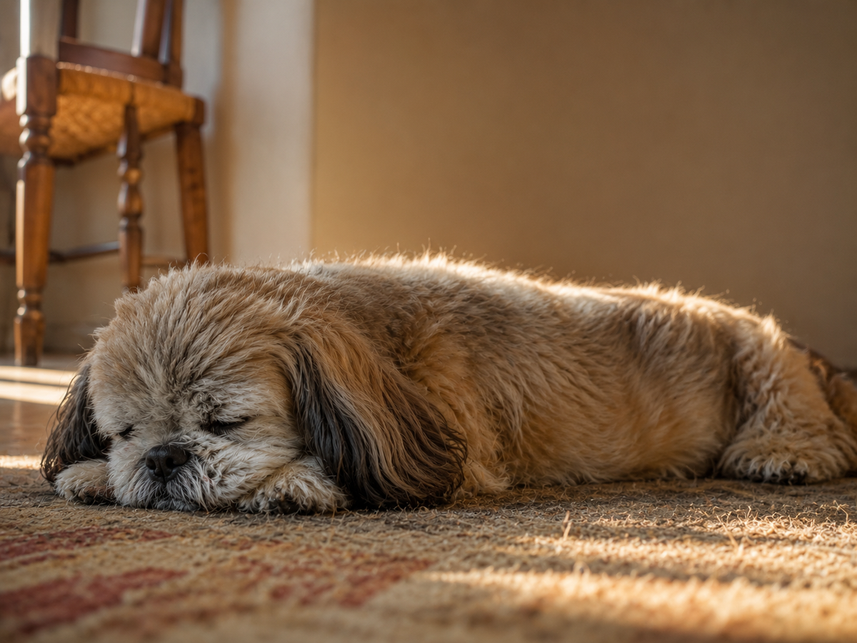 Un chien âgé installé tranquillement chez lui