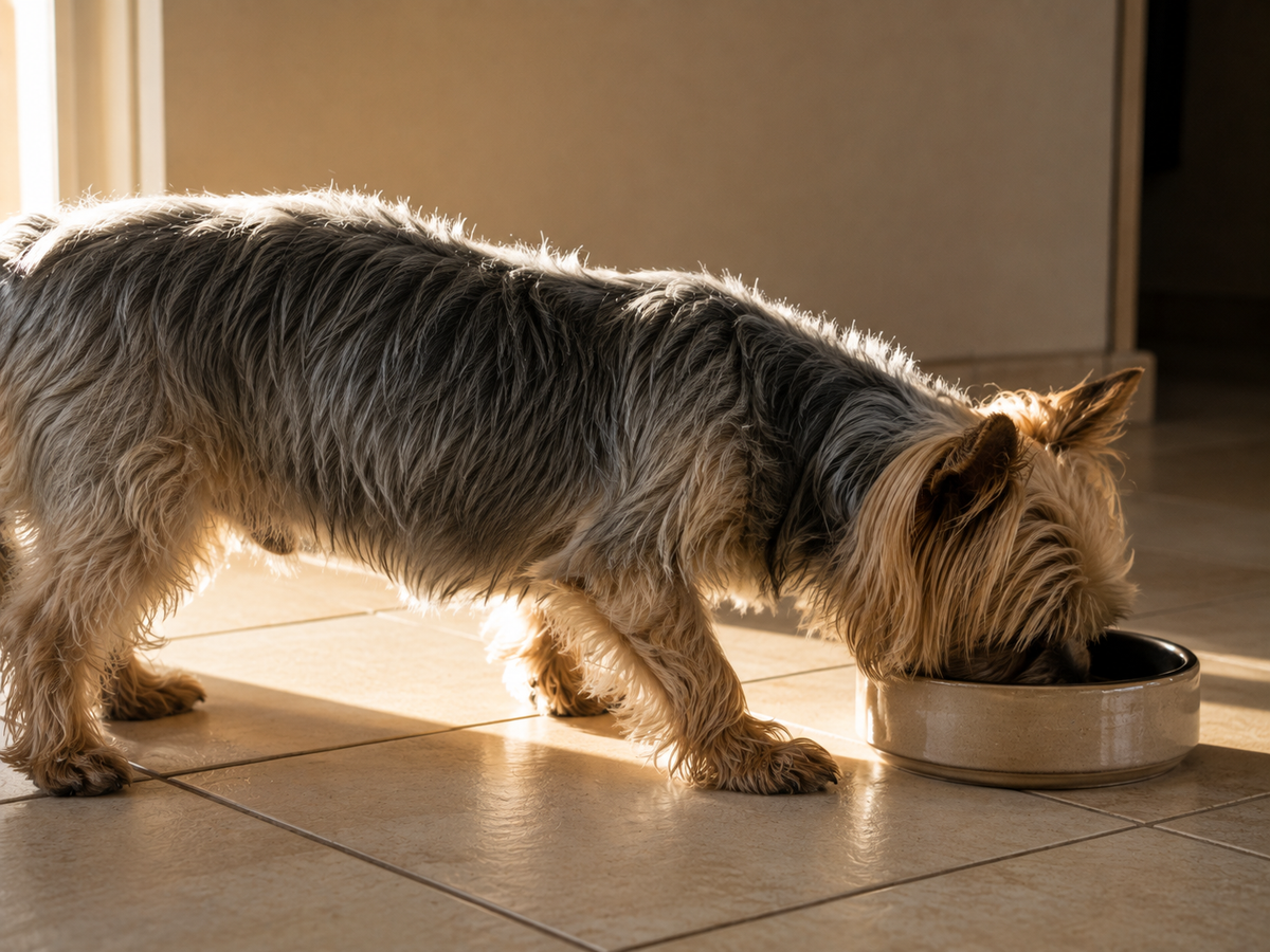 Un chien âgé penché vers sa gamelle posée au sol, vu de profil