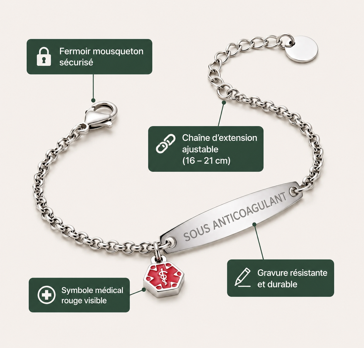 Détails du Bracelet Virelia : fermoir mousqueton, chaîne d’extension, gravure durable