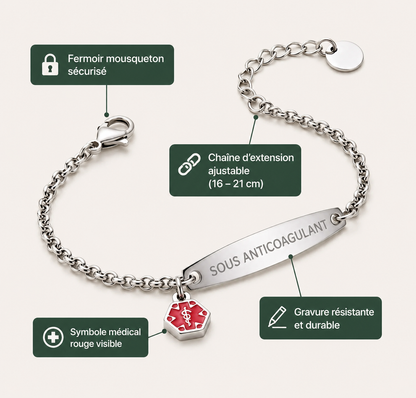 Détails du Bracelet Virelia : fermoir mousqueton, chaîne d’extension, gravure durable